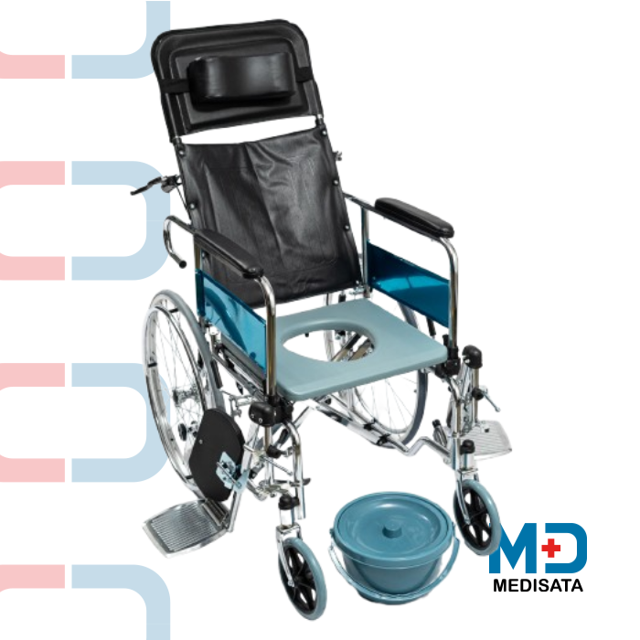 SILLA DE RUEDAS MANUAL RECLINABLE CON SOPORTE CEFÁLICO E INODORO
